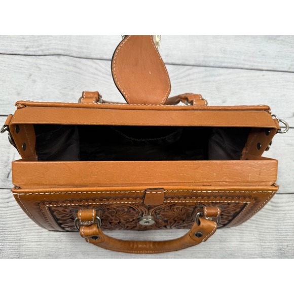 Montana Silversmiths Tooled Leather Satchel Western Buckle Bag Brown Handbag - Picture 8 of 11